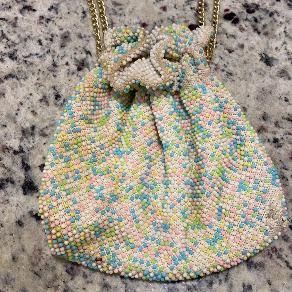 Vintage Pastel Beaded Multicolor Evening Bag with Gold Chain